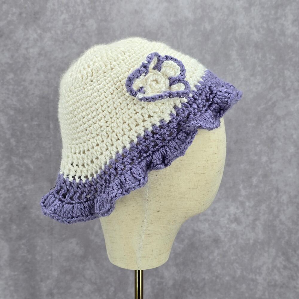 Vintage Y2K‎ Crochet Festival Kawaii Purple White Knit Beanie Floral Funky Hat